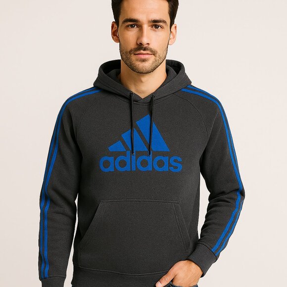 Adidas Men's Gray/ Royal Blue 3 Stripe Pullover Hoodie Size Large - Picture 1 of 7